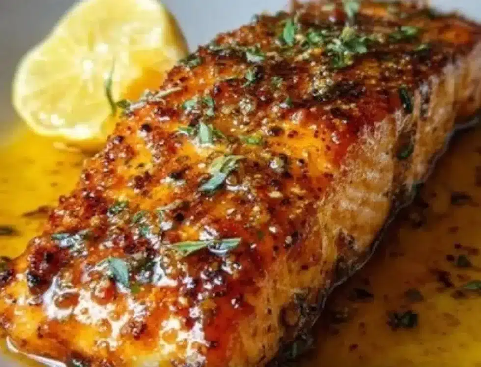 Delicious Cajun Honey Butter Salmon garnished with herbs