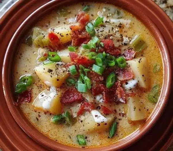 A bowl of creamy Cajun Potato Soup garnished with herbs and spices