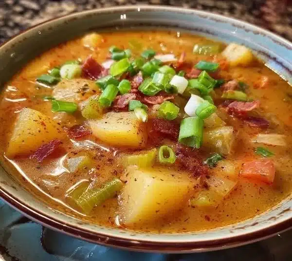 Bowl of creamy Cajun Potato Soup topped with green onions and spices.