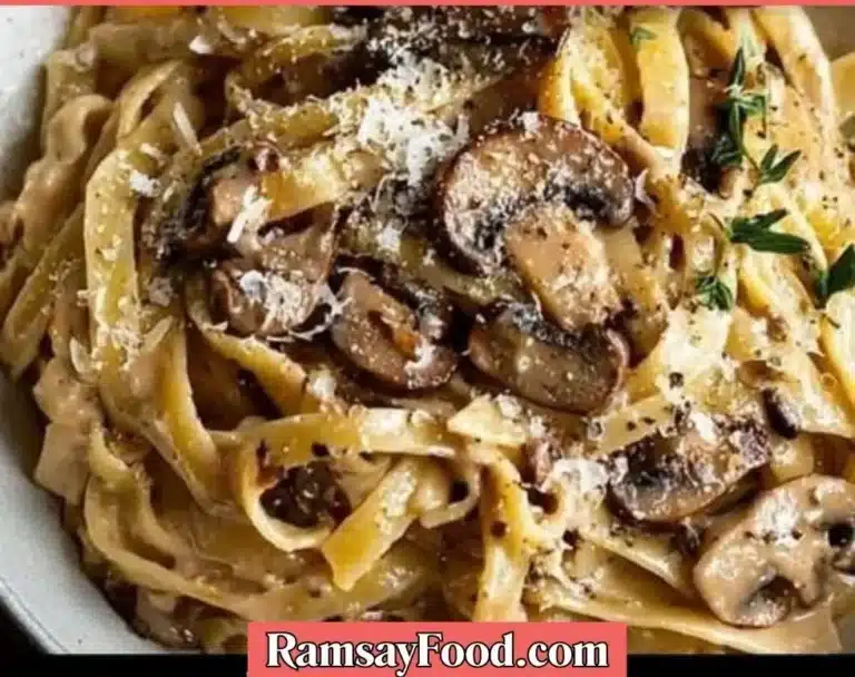 Caramelized leek and mushroom pasta in a creamy sauce served in a bowl