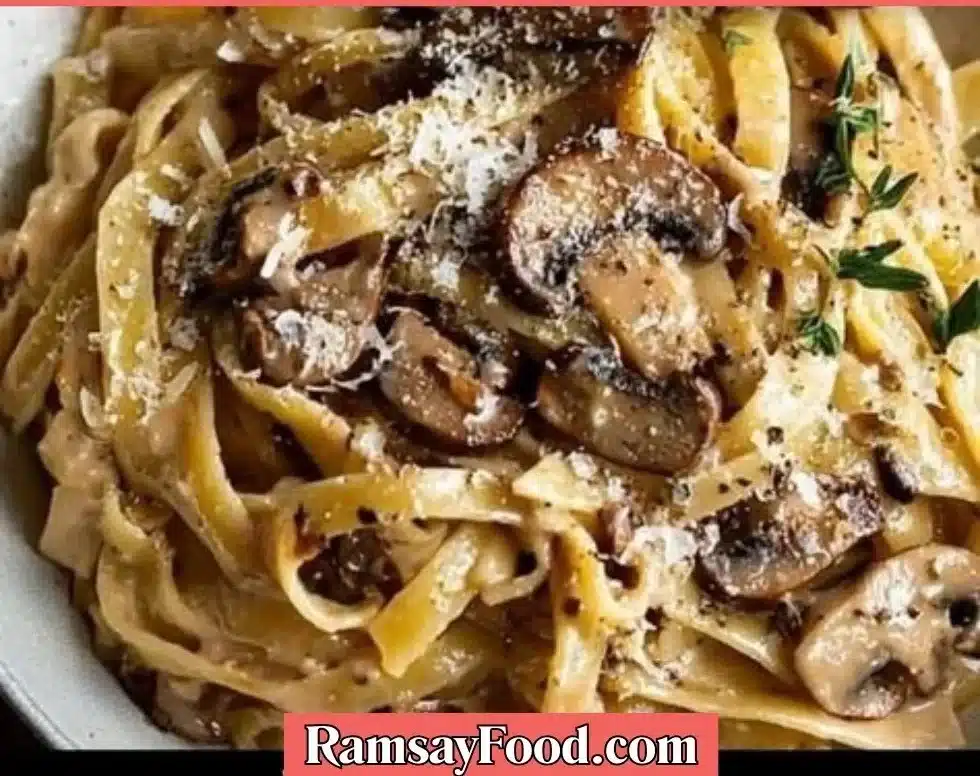 Caramelized leek and mushroom pasta in a creamy sauce served in a bowl