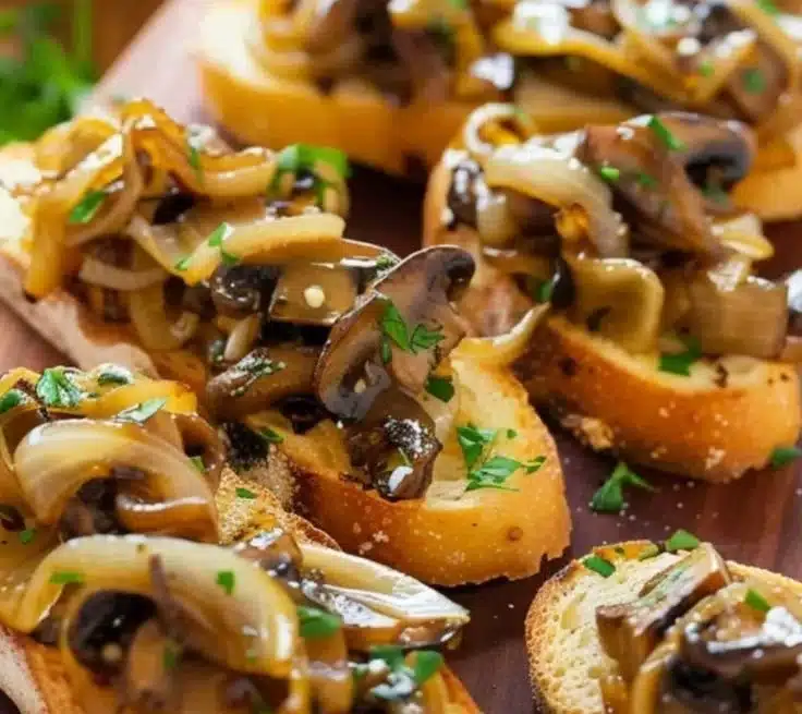 Delicious caramelized onion and mushroom crostini served as an appetizer