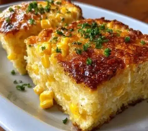 Cheesy cream cheese corn casserole served in a baking dish