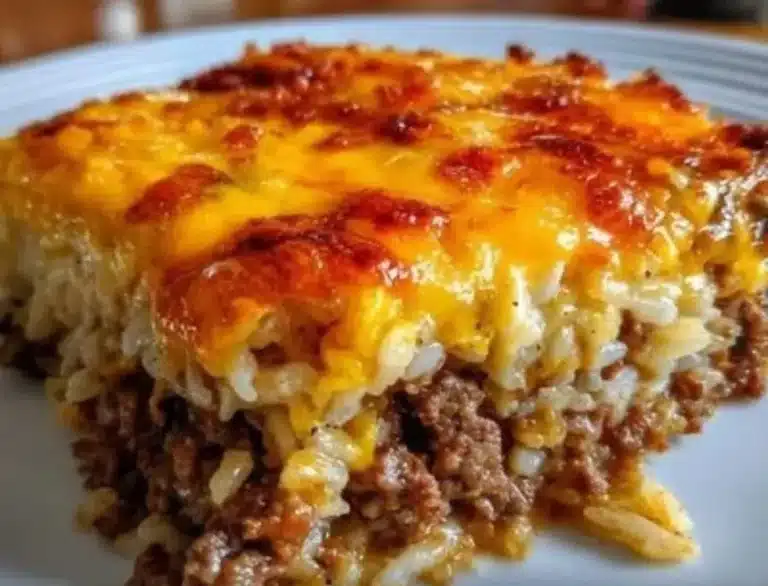 Cheesy Ground Beef and Rice Casserole served in a baking dish.