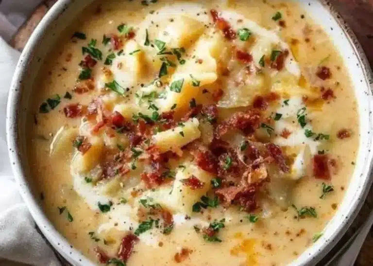 Bowl of cheesy loaded baked potato soup topped with chives and bacon