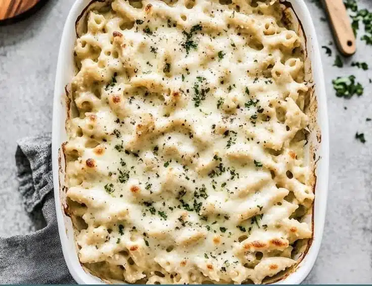 Extra cheesy Chicken Alfredo Bake recipe with pasta and chicken