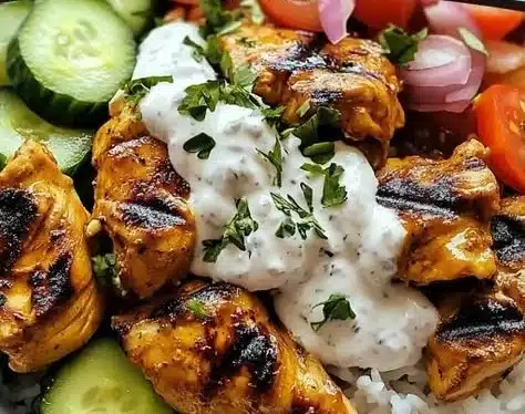 A delicious Chicken Shawarma Rice Bowl topped with fresh vegetables and grilled chicken.