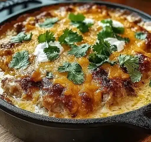 Delicious Chili Chicken Queso Bake served in a dish, topped with melted cheese and herbs.