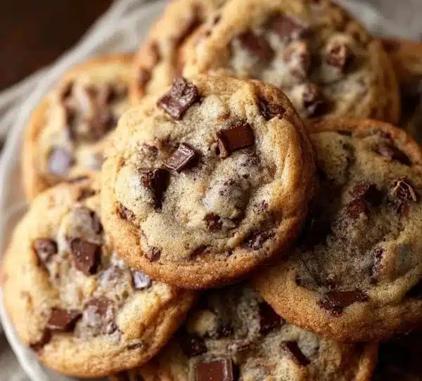 Golden brown chocolate chip Christmas cookies on a festive plate