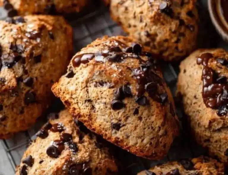 Delicious chocolate chip scones served with coffee on a wooden table