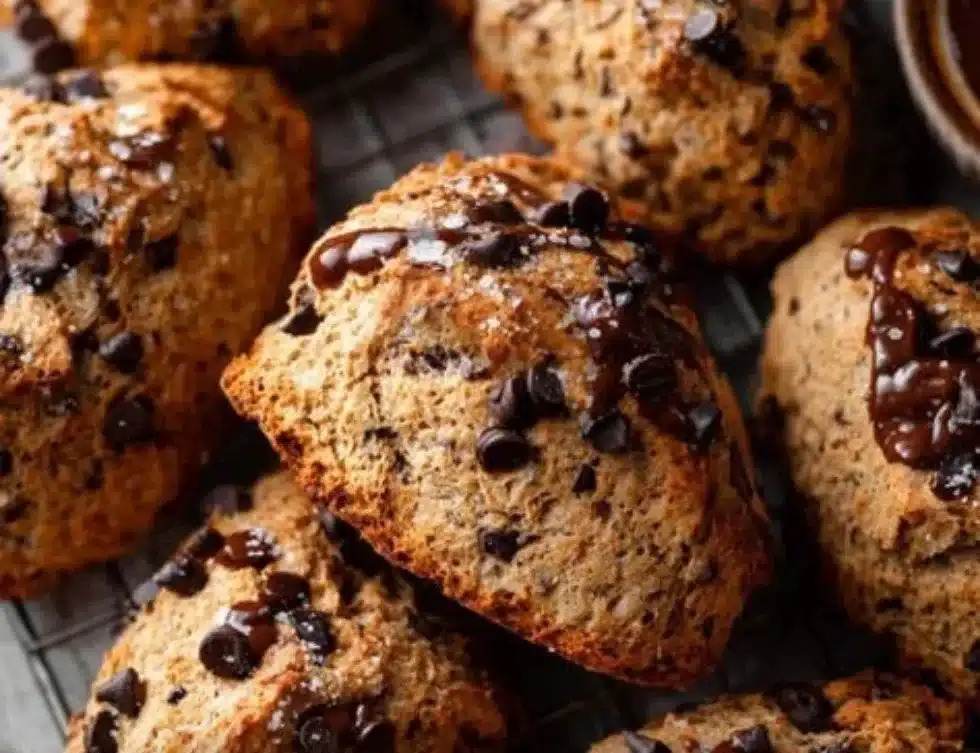 Delicious chocolate chip scones served with coffee on a wooden table