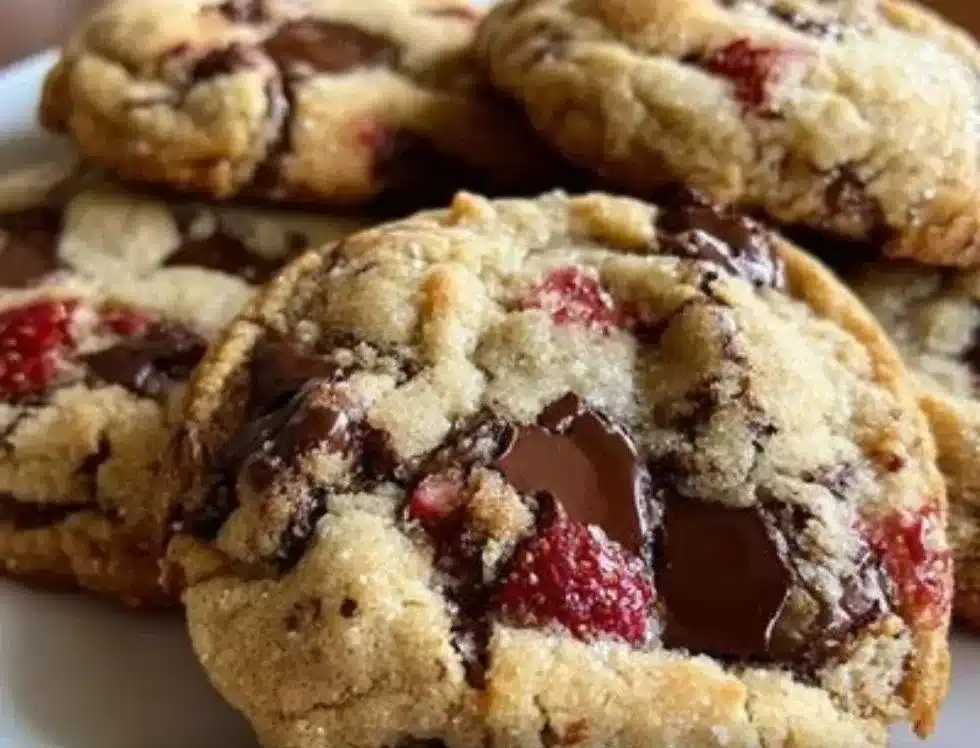 Freshly baked chocolate stuffed strawberry sugar cookies on a plate