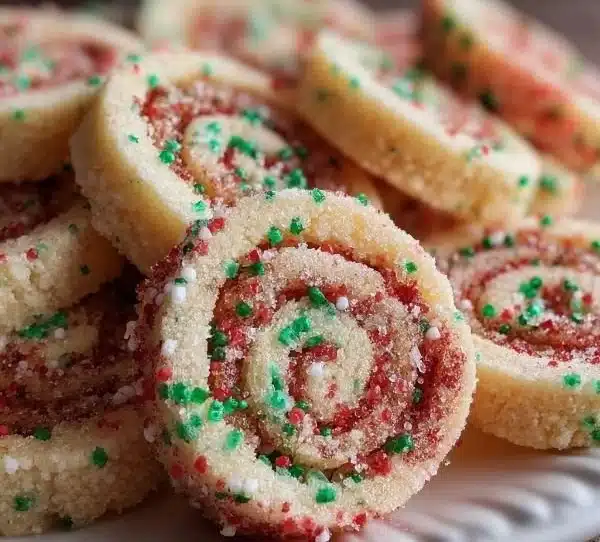 Baked Christmas Pinwheel Cookies with red and green swirls on a festive plate.