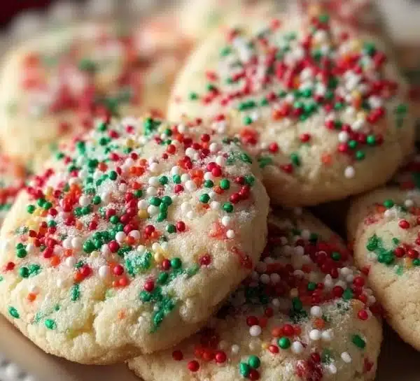 Colorful Christmas sprinkle cookies decorated for the holidays