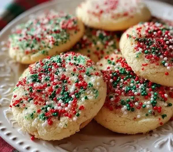 Festive Christmas sprinkle sugar cookies on a decorative plate