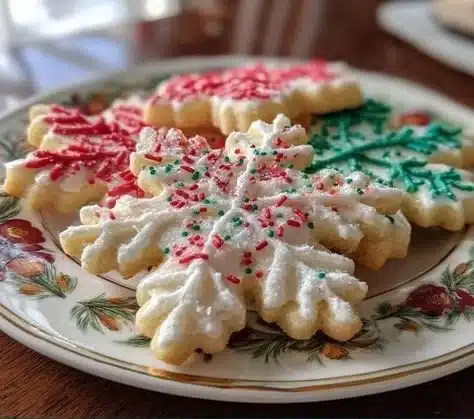 A plate of decorated Christmas sugar cookies in festive shapes.
