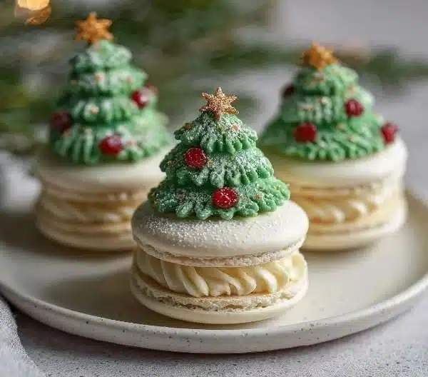 Delicious Christmas Tree Cake Macarons decorated with festive icing