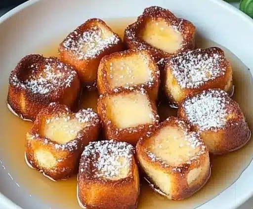 Delicious Cinnamon Roll French Toast Bites served on a plate with syrup