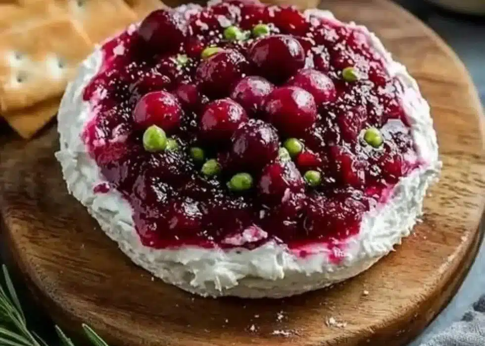 Bowl of Classic Cranberry Cream Cheese Dip with crackers and fresh cranberries