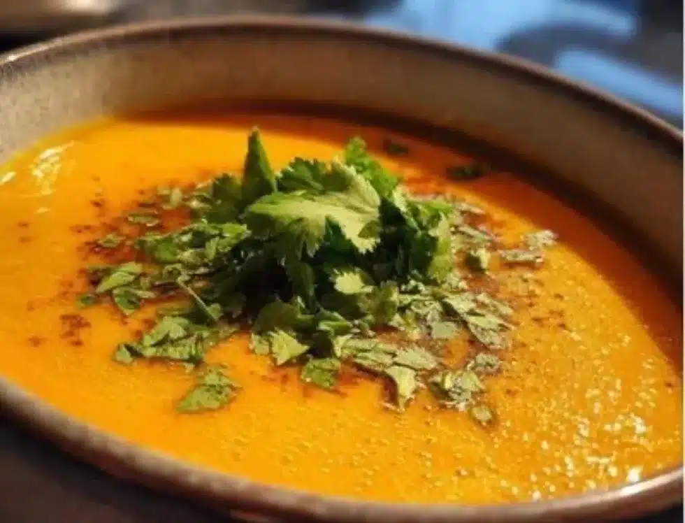 A bowl of coconut curry pumpkin soup topped with fresh herbs and spices