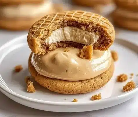 Delicious Cookie Butter Cheesecake Cookies on a plate with a drizzle of cookie butter