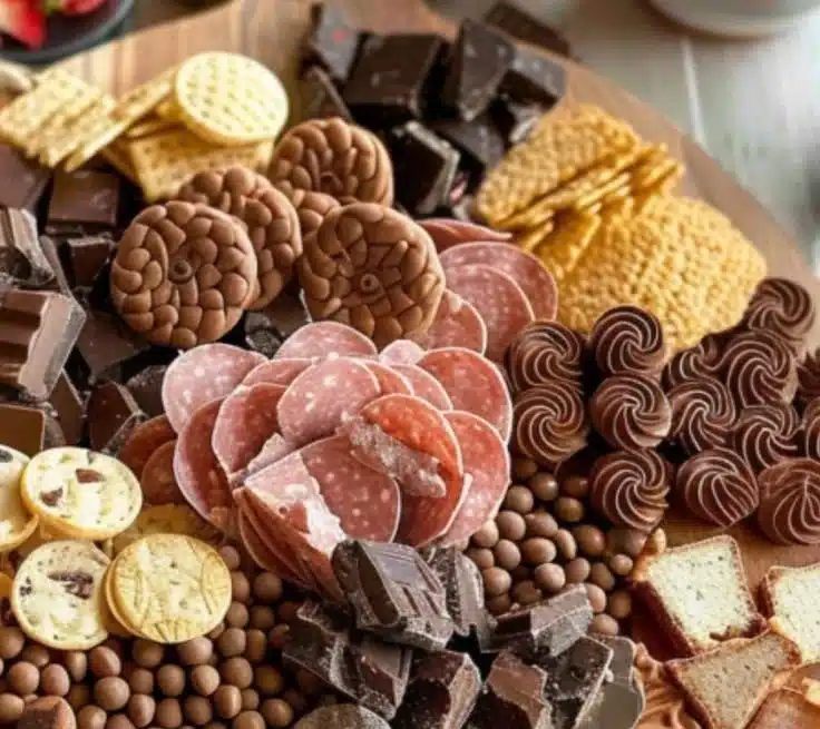 Cheese chocolate board for a festive countdown night celebration.