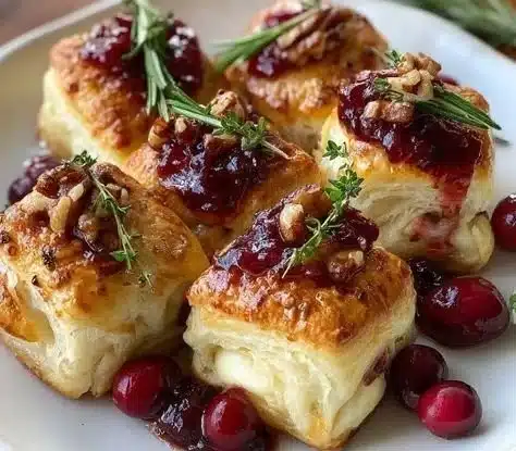 Plate of homemade Cranberry Brie Bites topped with fresh herbs