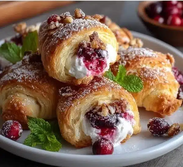 Plate of cranberry cream cheese crescent bites ready for the holiday party.