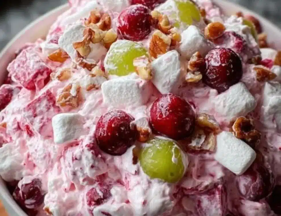 Delicious Cranberry Fluff dessert garnished with whipped cream and cranberries