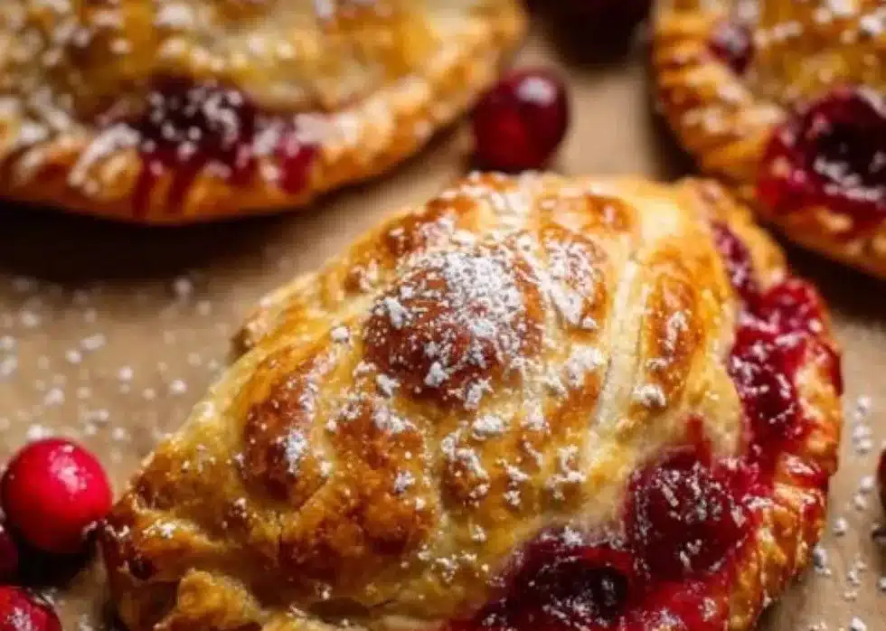 Freshly baked cranberry hand pies on a rustic wooden table