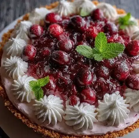 Delicious cranberry mousse pie with a rich, creamy texture and tart cranberry topping
