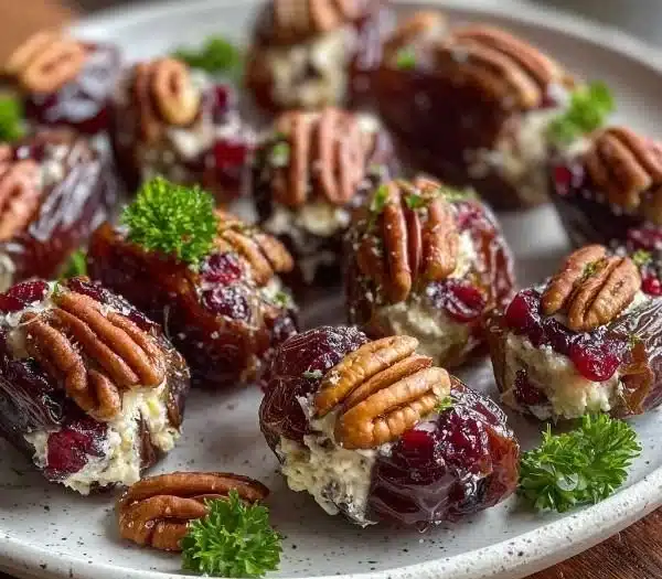 Cranberry pecan cream cheese stuffed dates on a serving platter