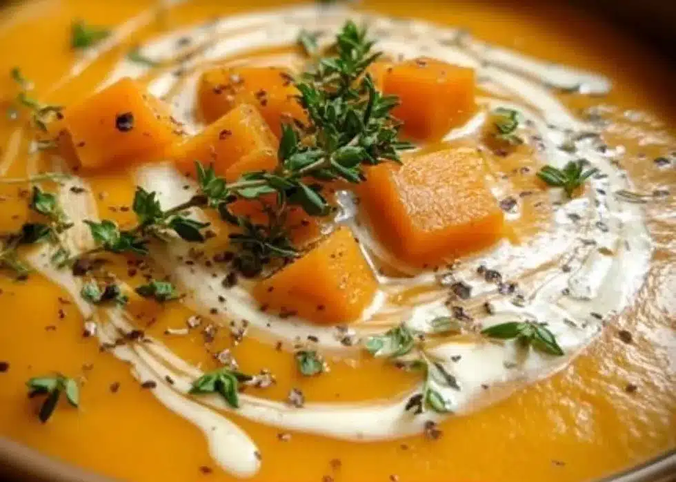 Bowl of creamy butternut squash soup garnished with herbs