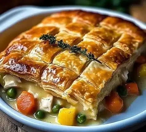 Creamy chicken pot pie casserole topped with flaky crust and fresh herbs.