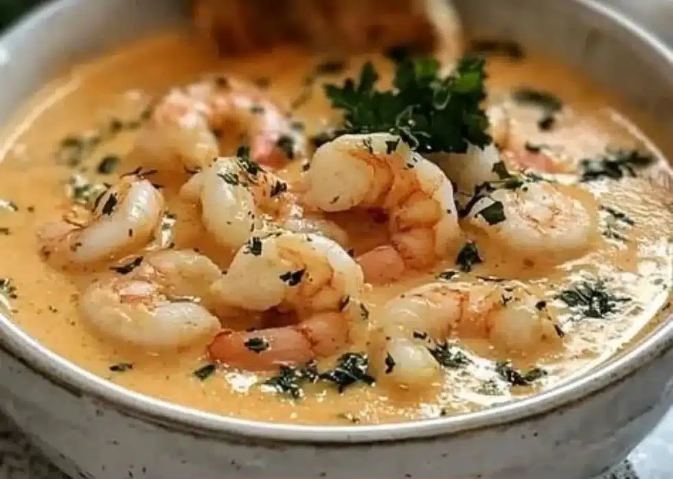 Creamy crab and shrimp seafood bisque served in a bowl with herbs