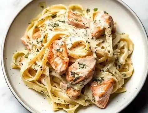 Creamy lemon dill pasta with salmon served in a bowl garnished with herbs.