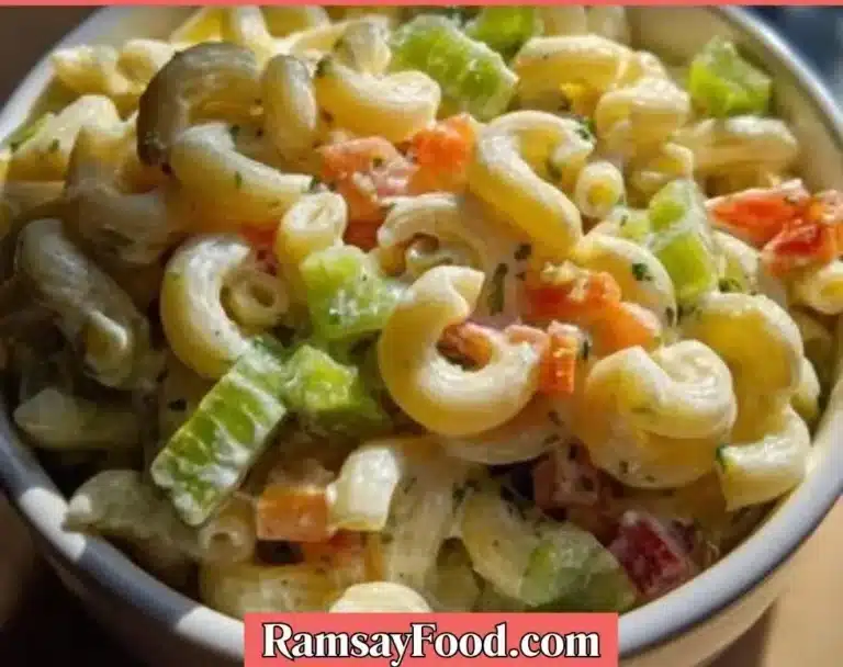 Creamy macaroni salad served in a bowl with fresh vegetables and herbs