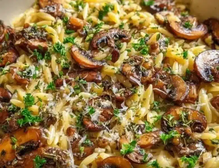 Creamy mushroom orzo skillet in a frying pan garnished with parsley