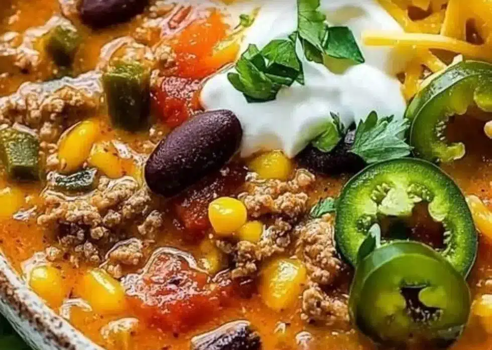 A bowl of creamy taco soup garnished with cheese and cilantro