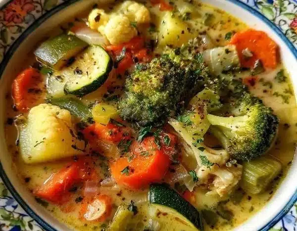 Bowl of creamy vegetable soup with colorful vegetables and herbs