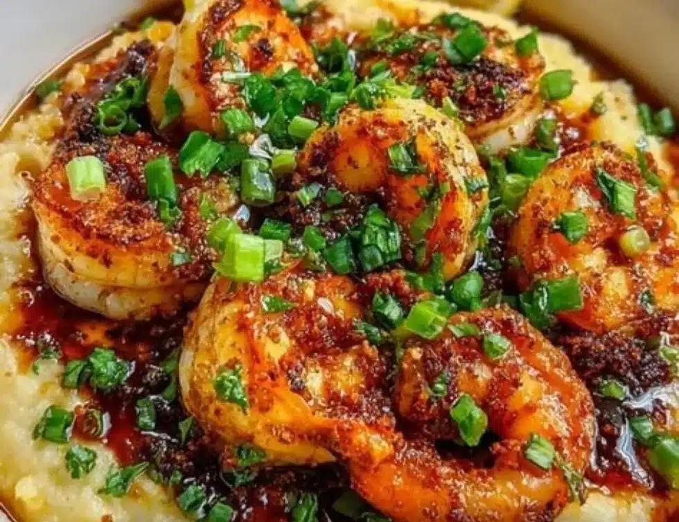 Crispy Cajun shrimp served over creamy grits in a bowl.