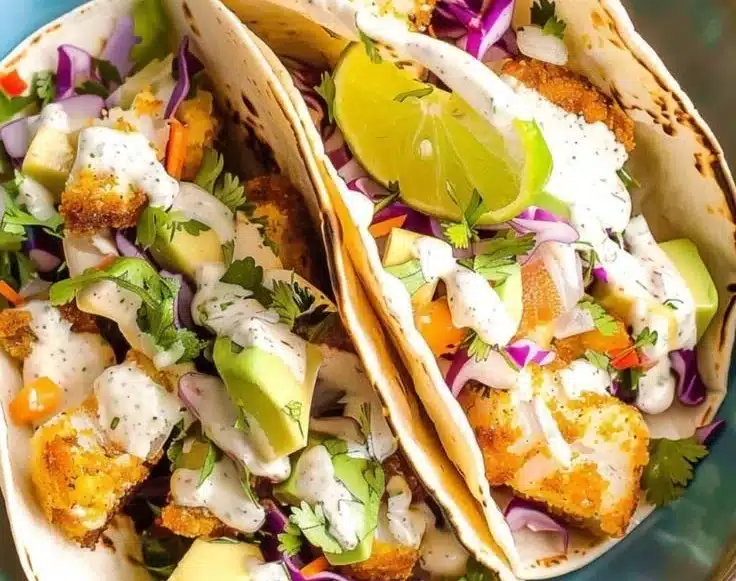 Crispy feta-crusted fish tacos served with fresh toppings