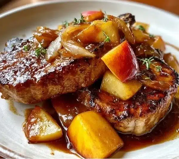 Crock Pot apple pork chops served with caramelized apples and herbs