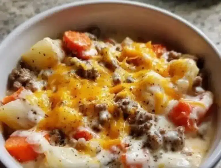 Bowl of creamy Crock Pot hamburger potato soup garnished with herbs