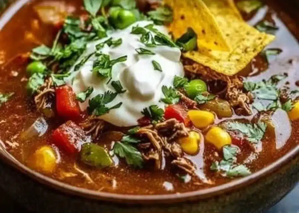 Delicious bowl of Crockpot beef tortilla soup with toppings