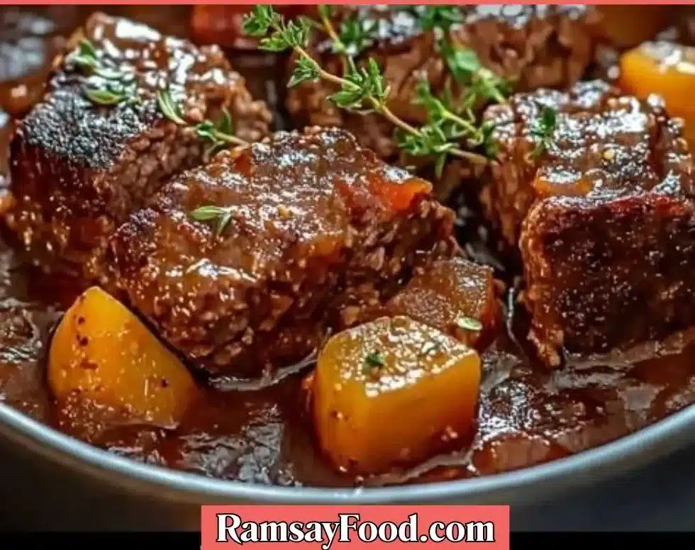 Delicious Crockpot Meatloaf served on a plate with mashed potatoes and green beans.