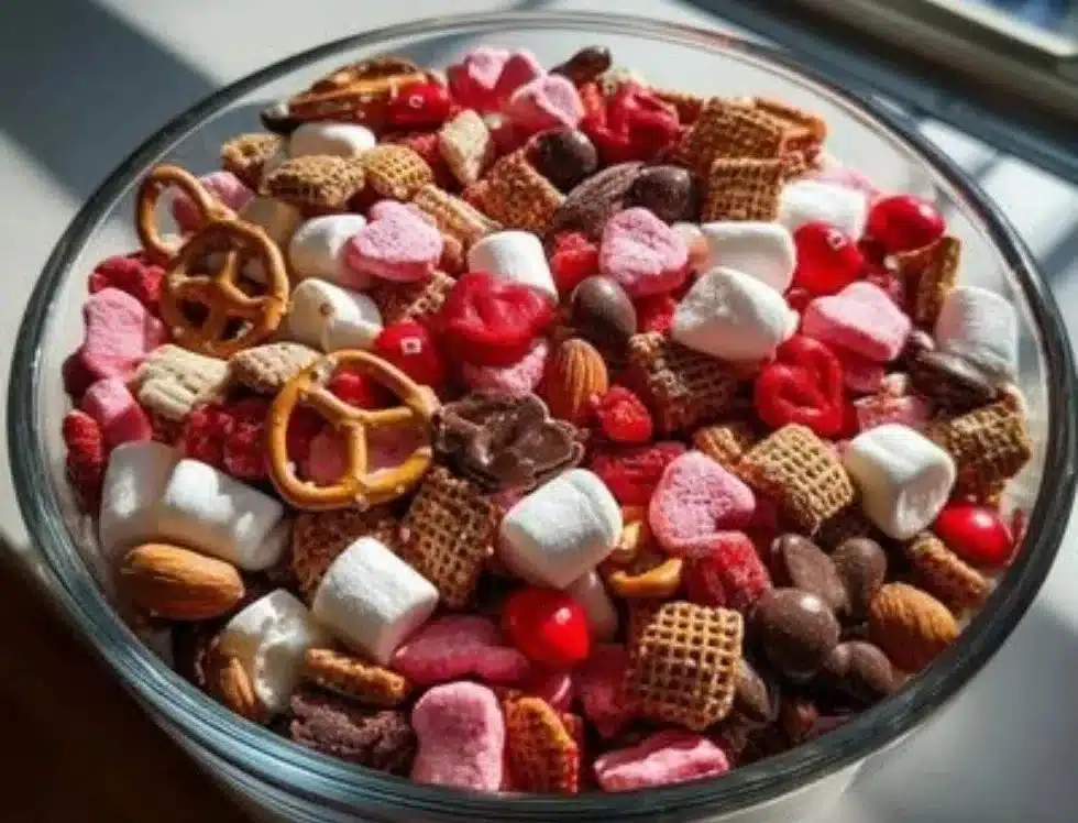 Cupid Crunch Valentine's Day Trail Mix in a decorative bowl