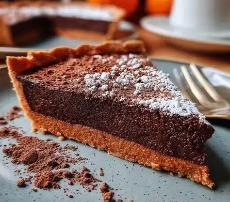 Delicious dark chocolate pumpkin tart garnished with chocolate shavings