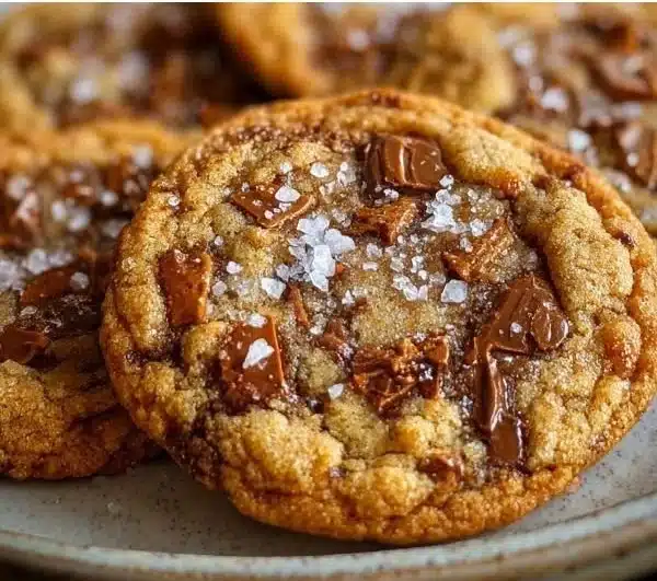 Decadent chewy toffee cookies sprinkled with sea salt on a baking tray