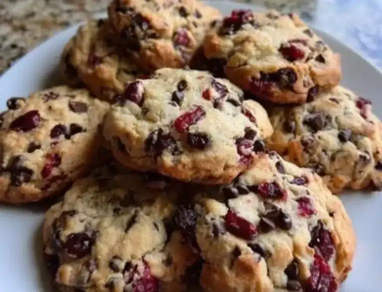 Freshly baked decadent chocolate cherry cookies on a wooden table